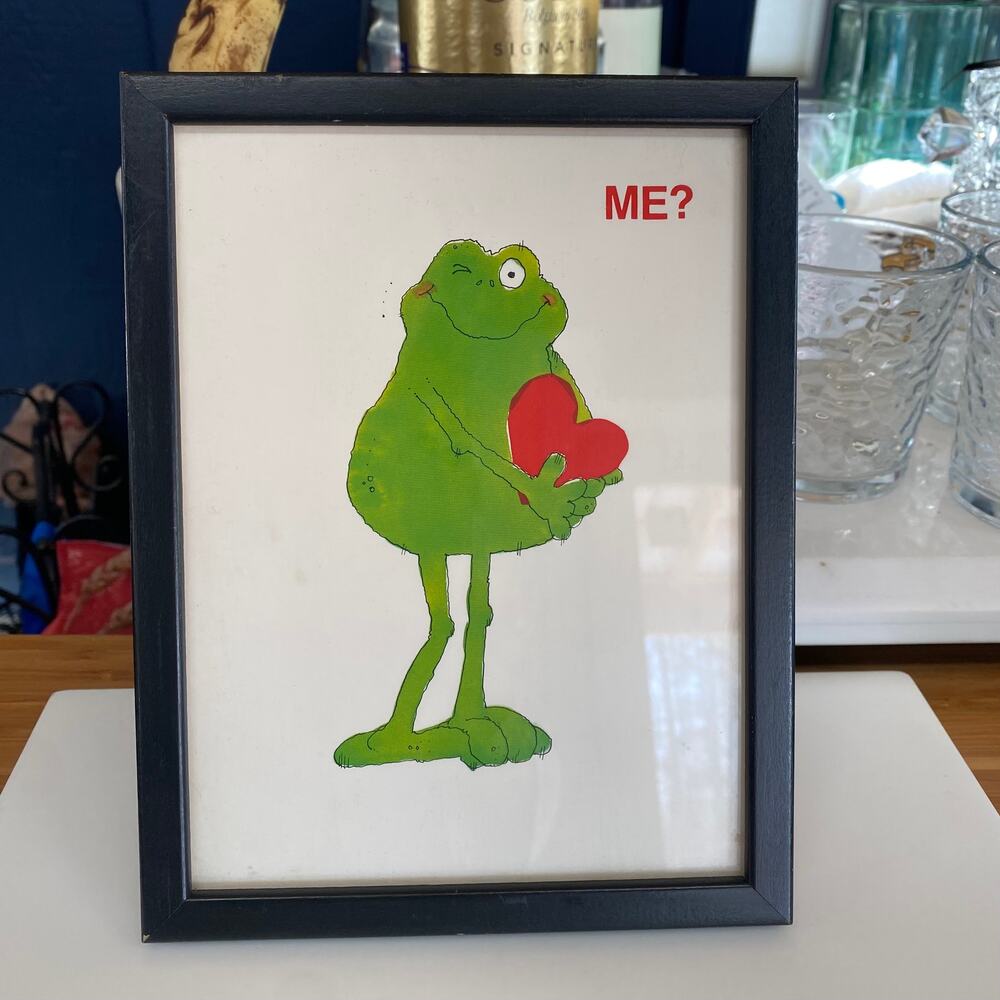 Whimsical Green Frog, Red Heart Framed Art Print 8-1/2”x6-1/2”